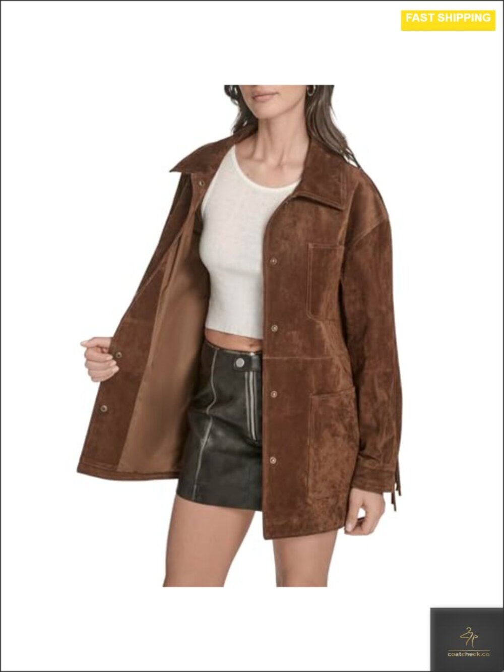 Faux Suede Fringe Trim Chore Coat Snap Front - Picture 5 of 6